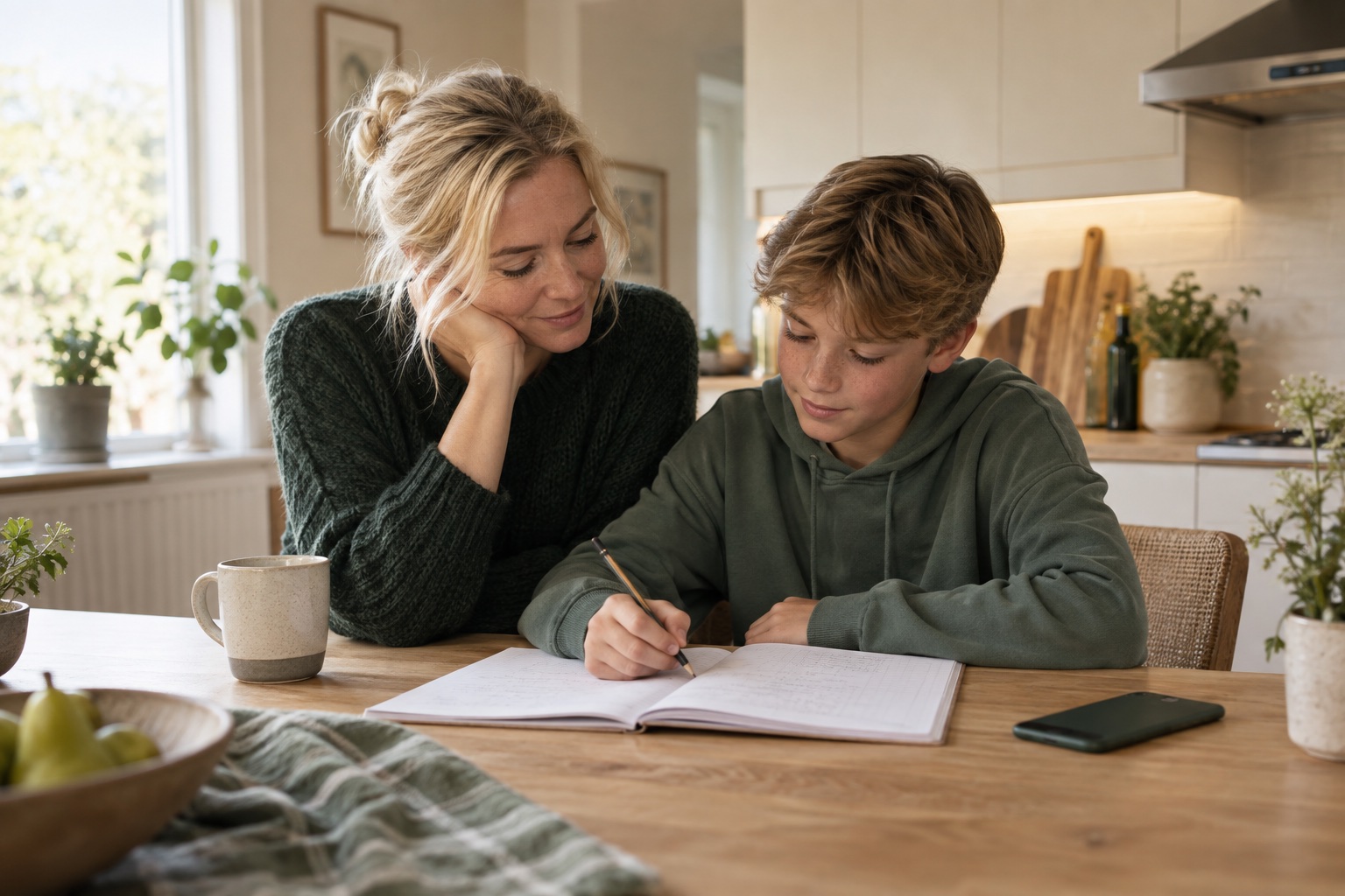 A parent and child working through a notebook together at the kitchen table