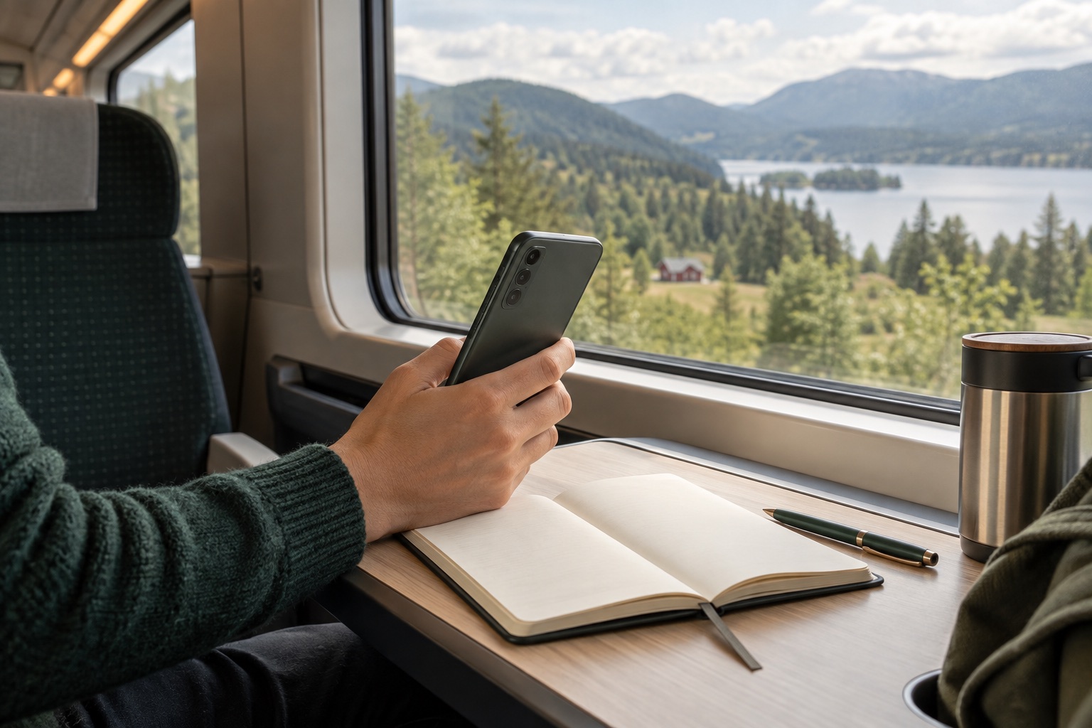 A quiet moment with a phone and notebook beside a train window