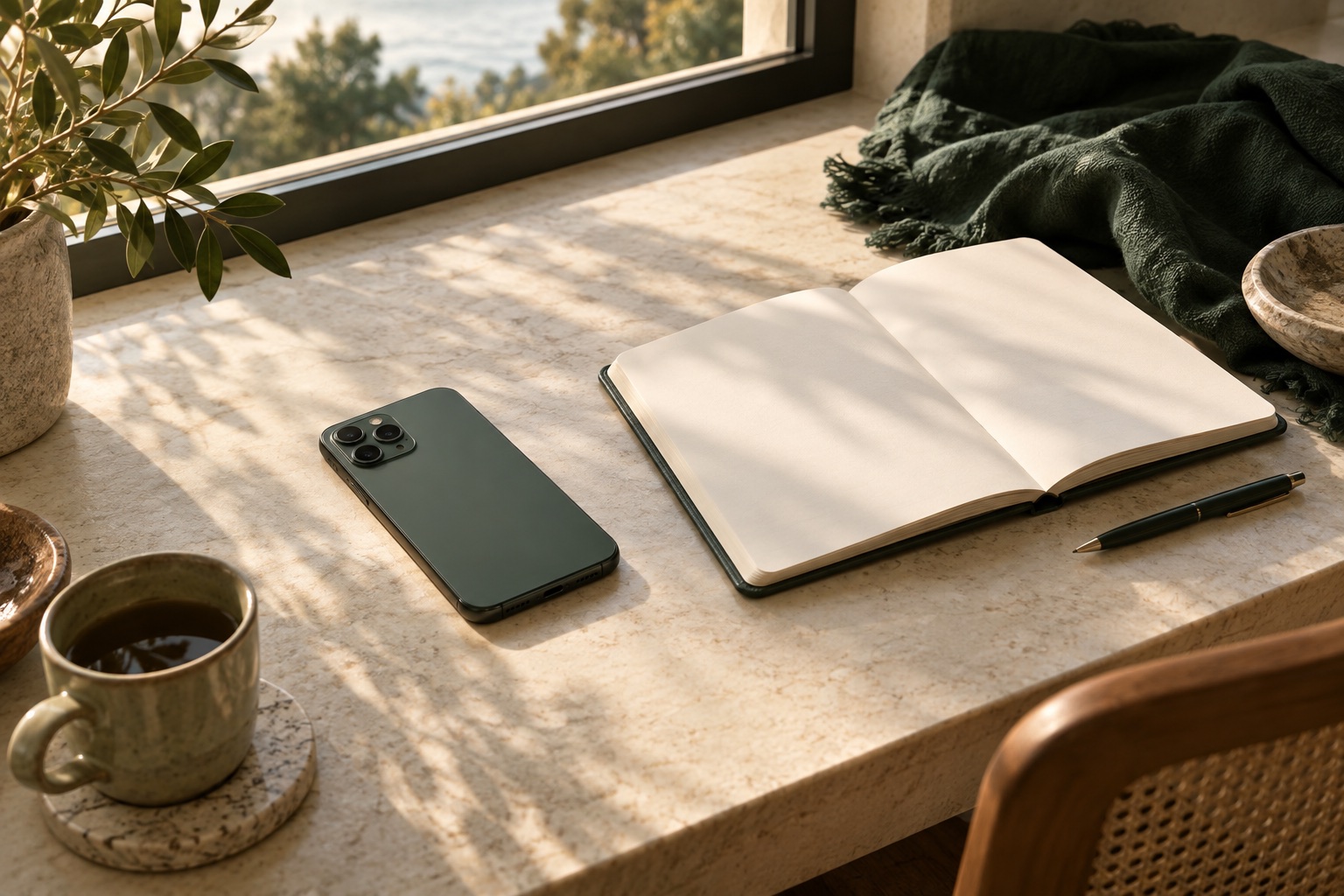 A quiet workspace with a notebook and phone by a sunlit window
